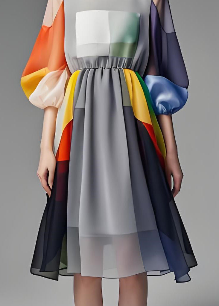 Simple Colorblock O Neck Patchwork Chiffon Dress Lantern Sleeve