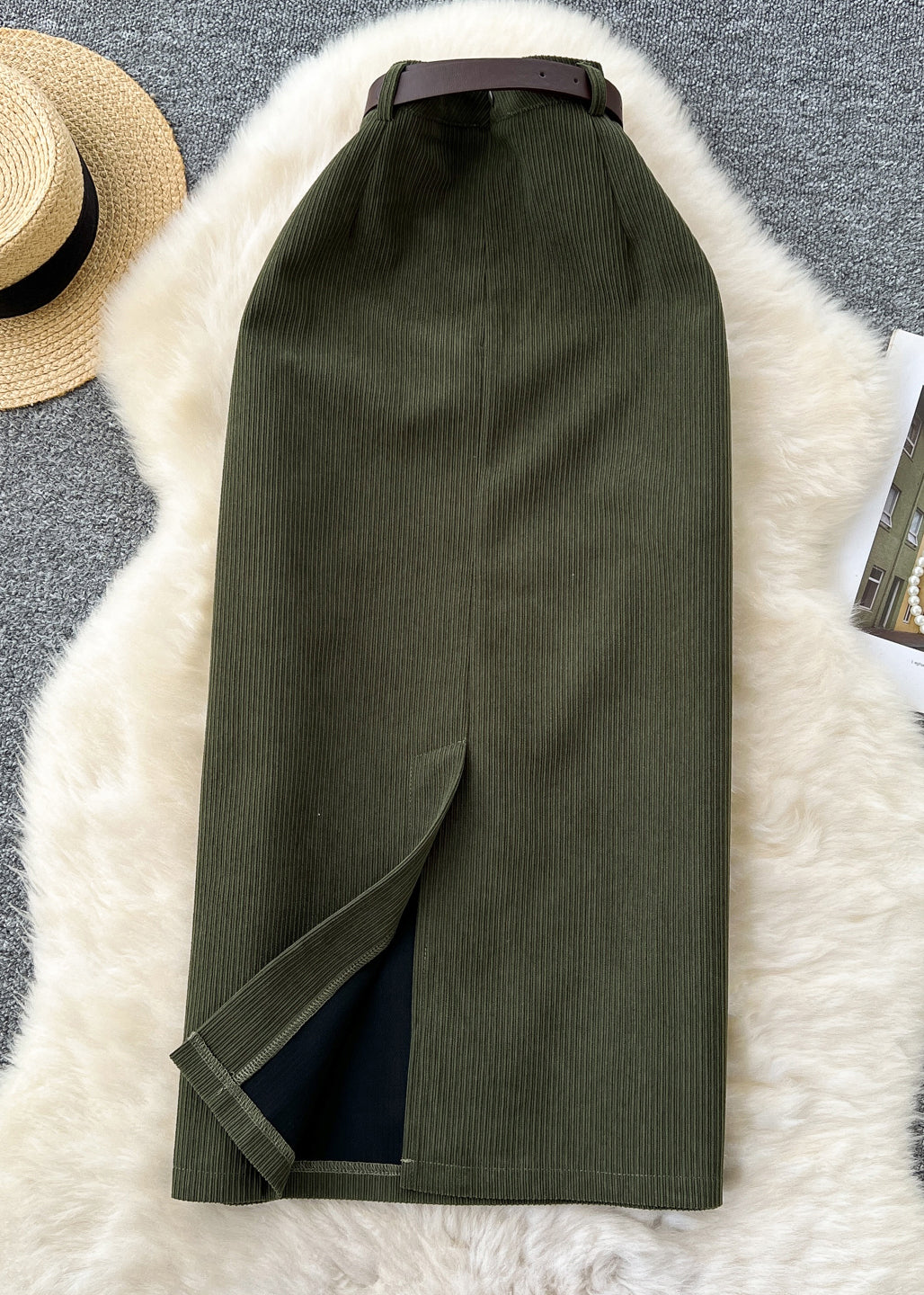 Simple Green Side Open High Waist Corduroy Skirts Winter