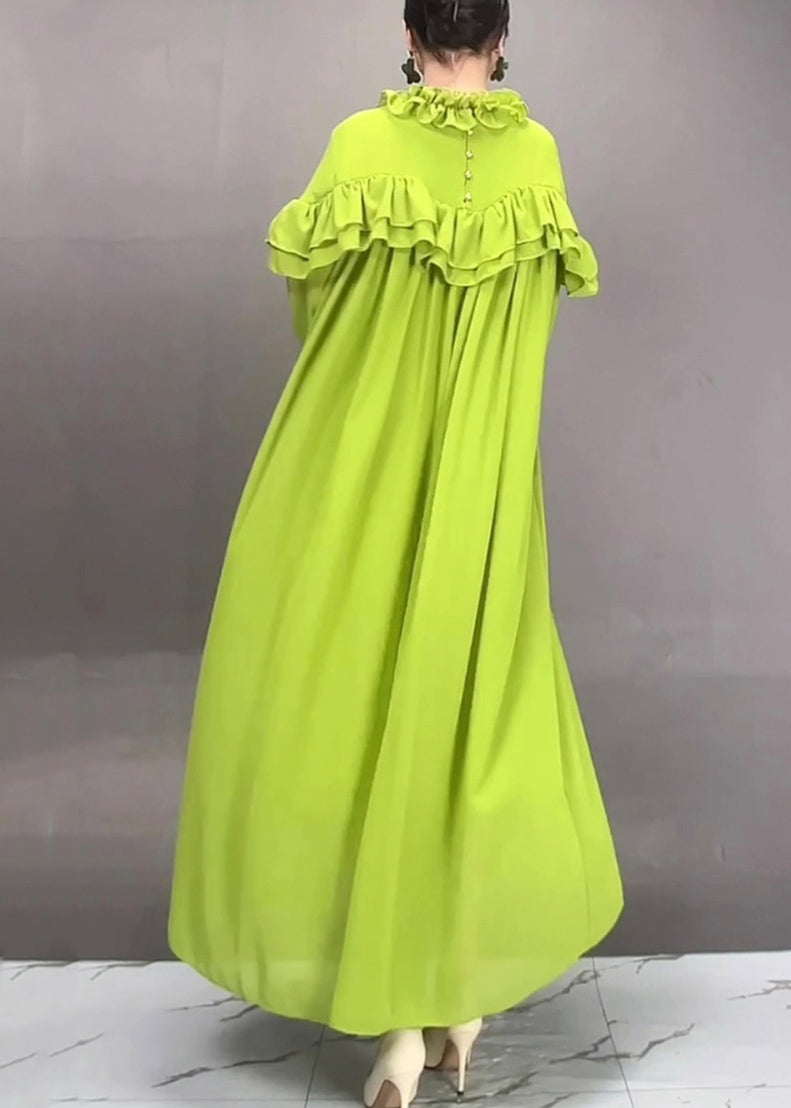 Simple Green Turtleneck Ruffled Patchwork Long Dress Petal Sleeve