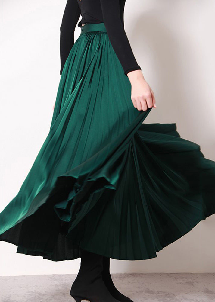 Simple Green Zippered Wrinkled High Waist Silk Skirt Spring