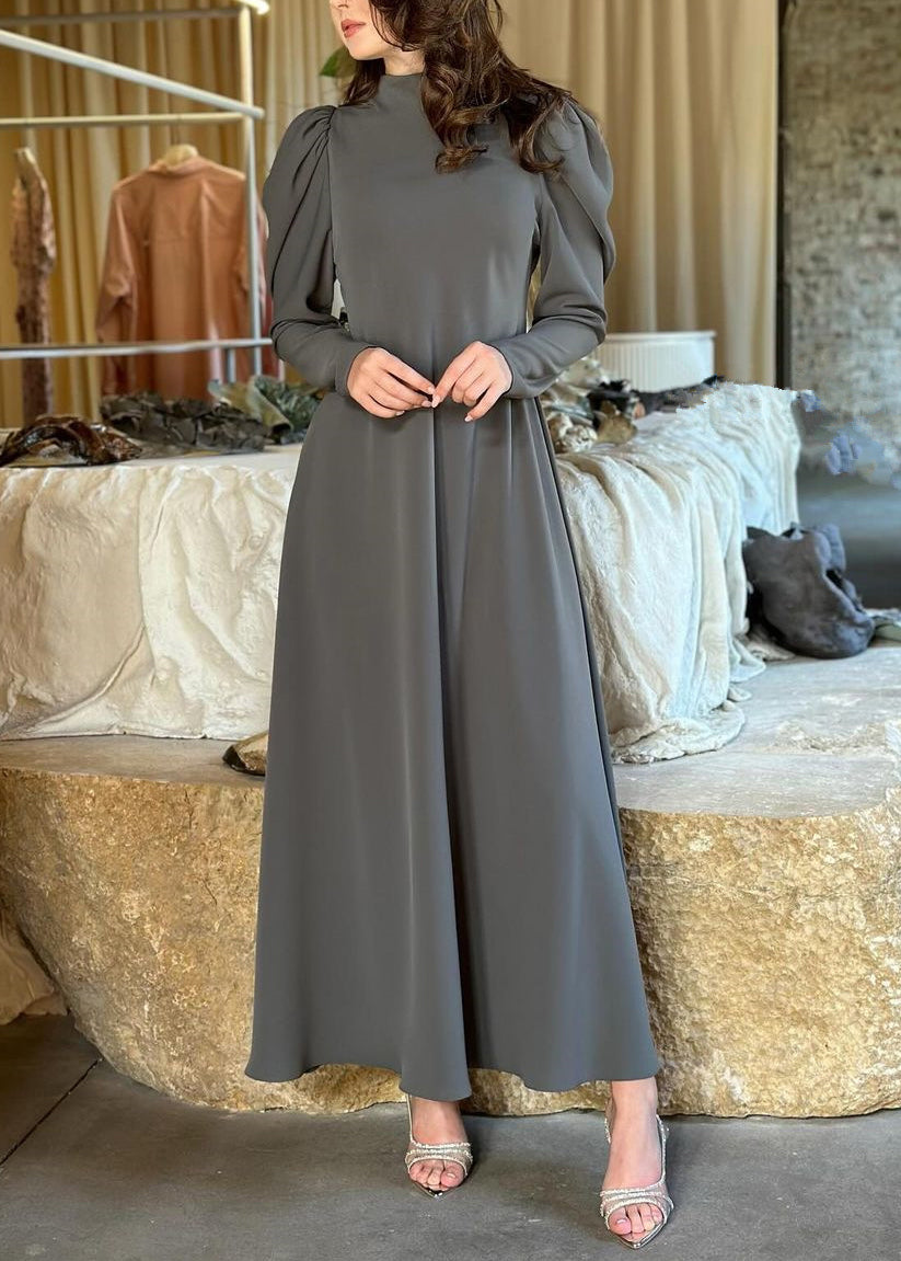 Simple Grey Solid High Waist Cotton Long Dresses Fall