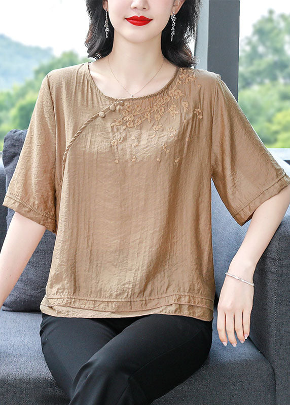 Simple Khaki O Neck Embroidered Cotton Top Summer