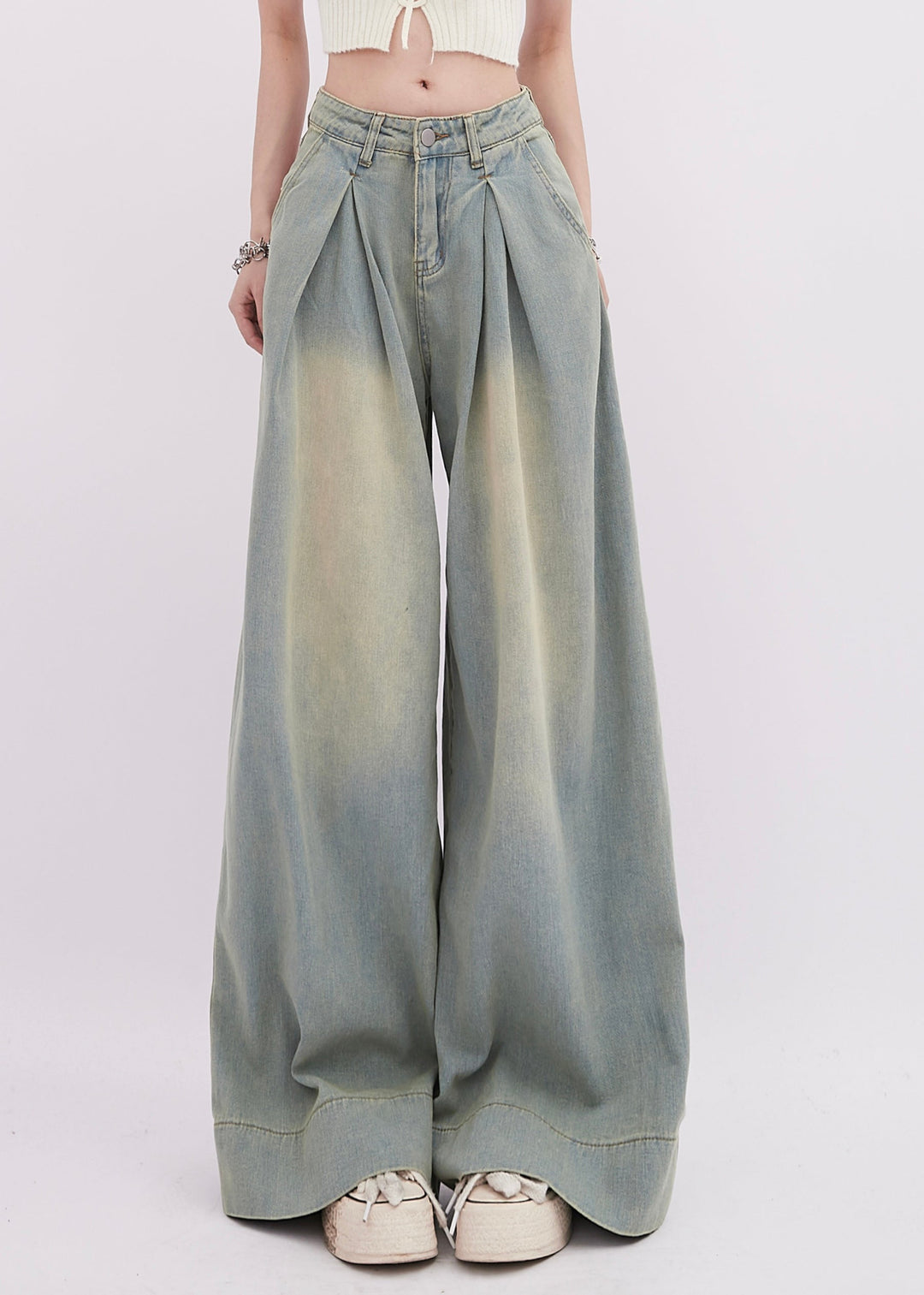 Simple Light Blue Wrinkled Denim Wide Leg Pants Spring