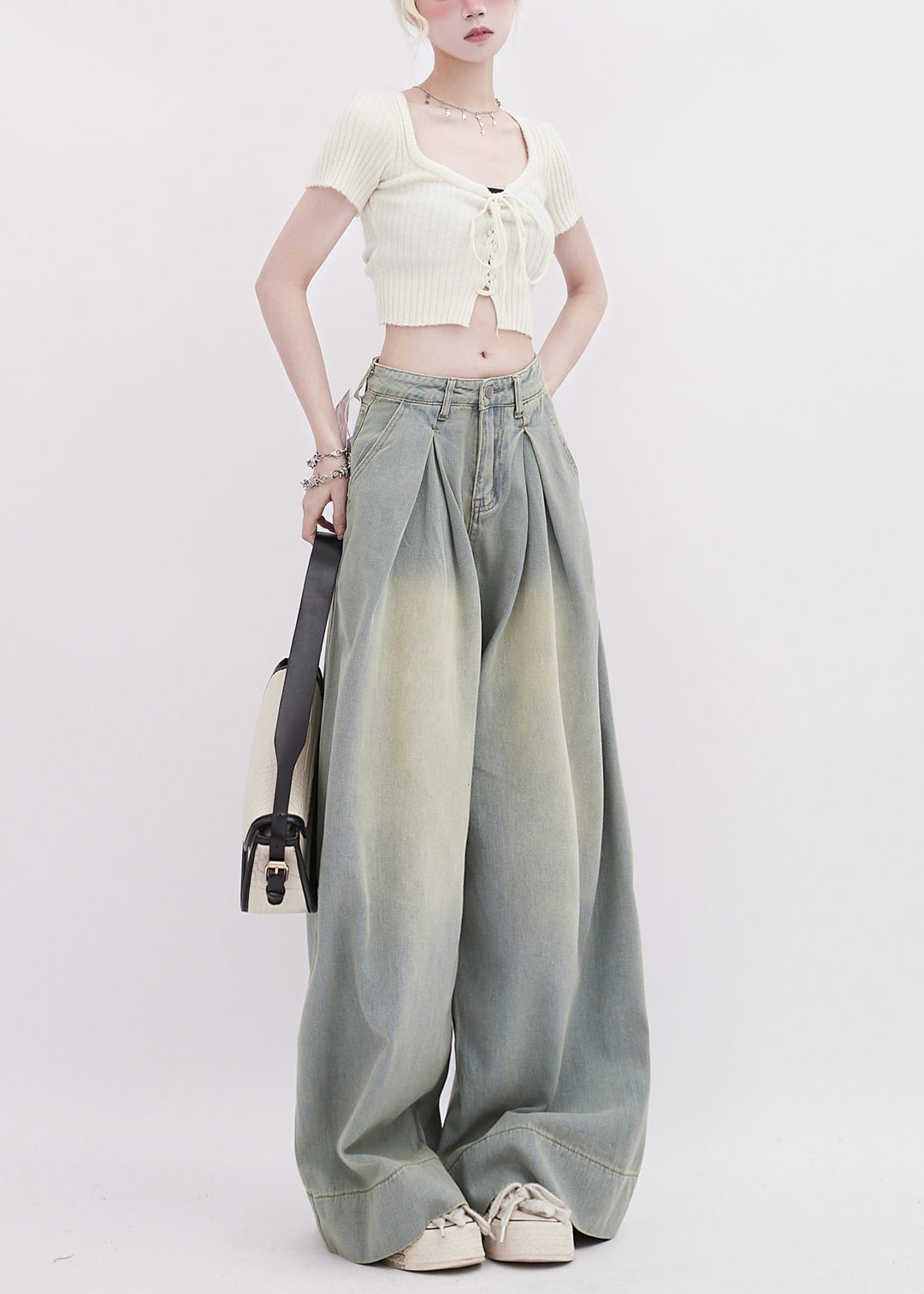 Simple Light Blue Wrinkled Denim Wide Leg Pants Spring