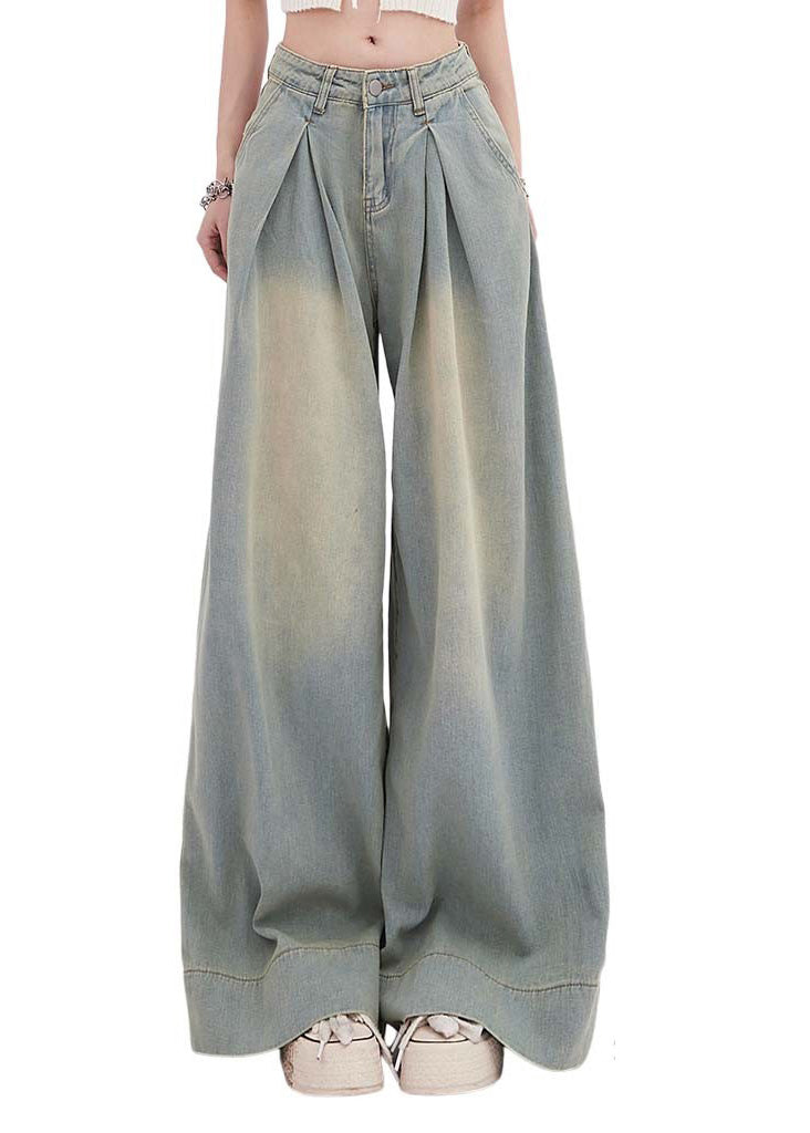 Simple Light Blue Wrinkled Denim Wide Leg Pants Spring