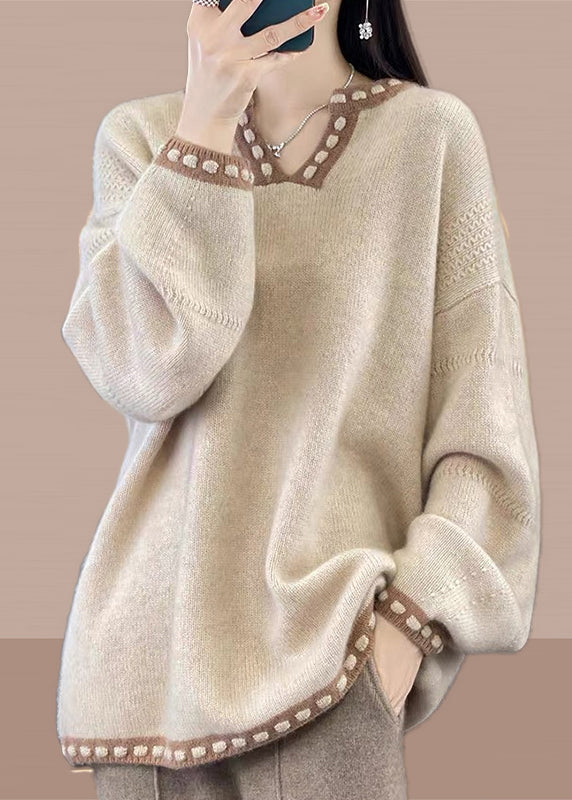 Simple Light Camel V Neck Patchwork Knit Sweaters Spring