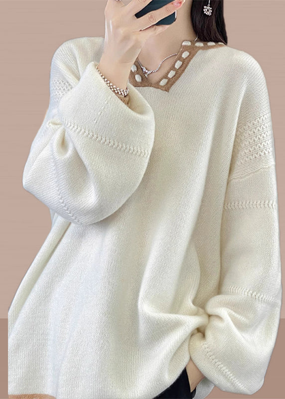 Simple Light Camel V Neck Patchwork Knit Sweaters Spring