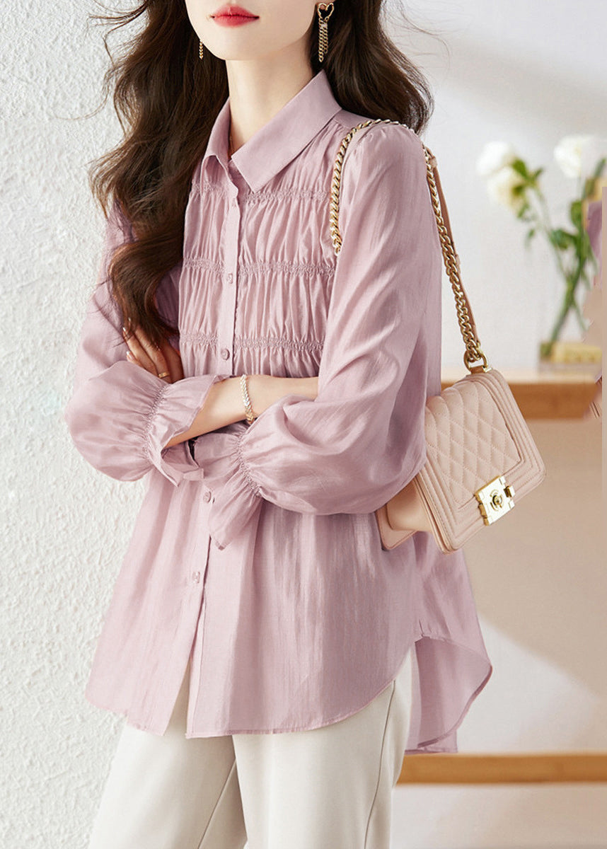 Simple Light Purple Peter Pan Collar Wrinkled Patchwork Button Silk Shirts Long Sleeve