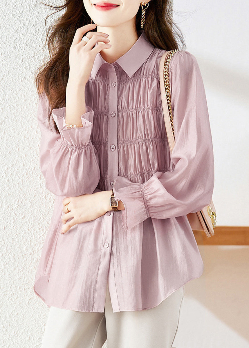 Simple Light Purple Peter Pan Collar Wrinkled Patchwork Button Silk Shirts Long Sleeve