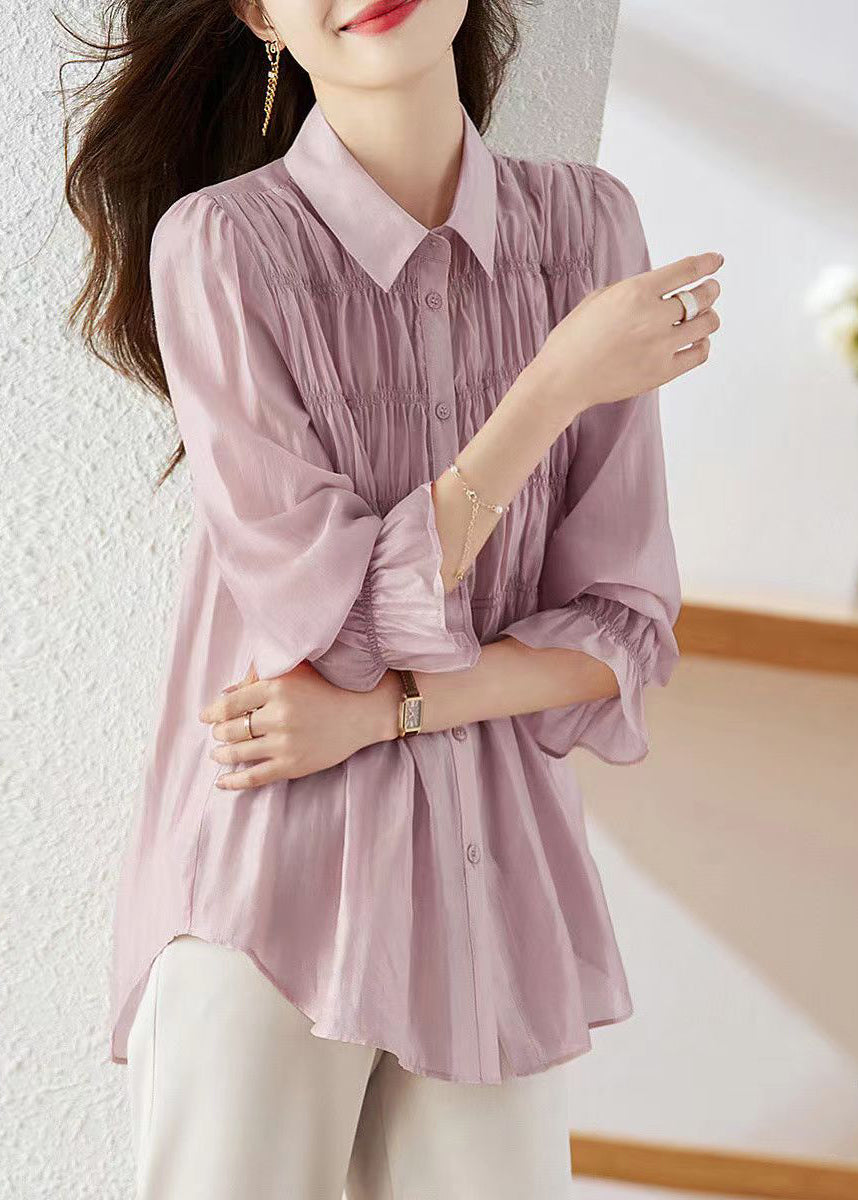 Simple Light Purple Peter Pan Collar Wrinkled Patchwork Button Silk Shirts Long Sleeve