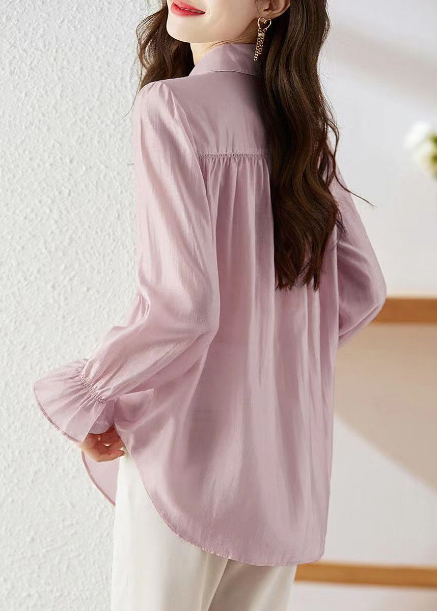 Simple Light Purple Peter Pan Collar Wrinkled Patchwork Button Silk Shirts Long Sleeve