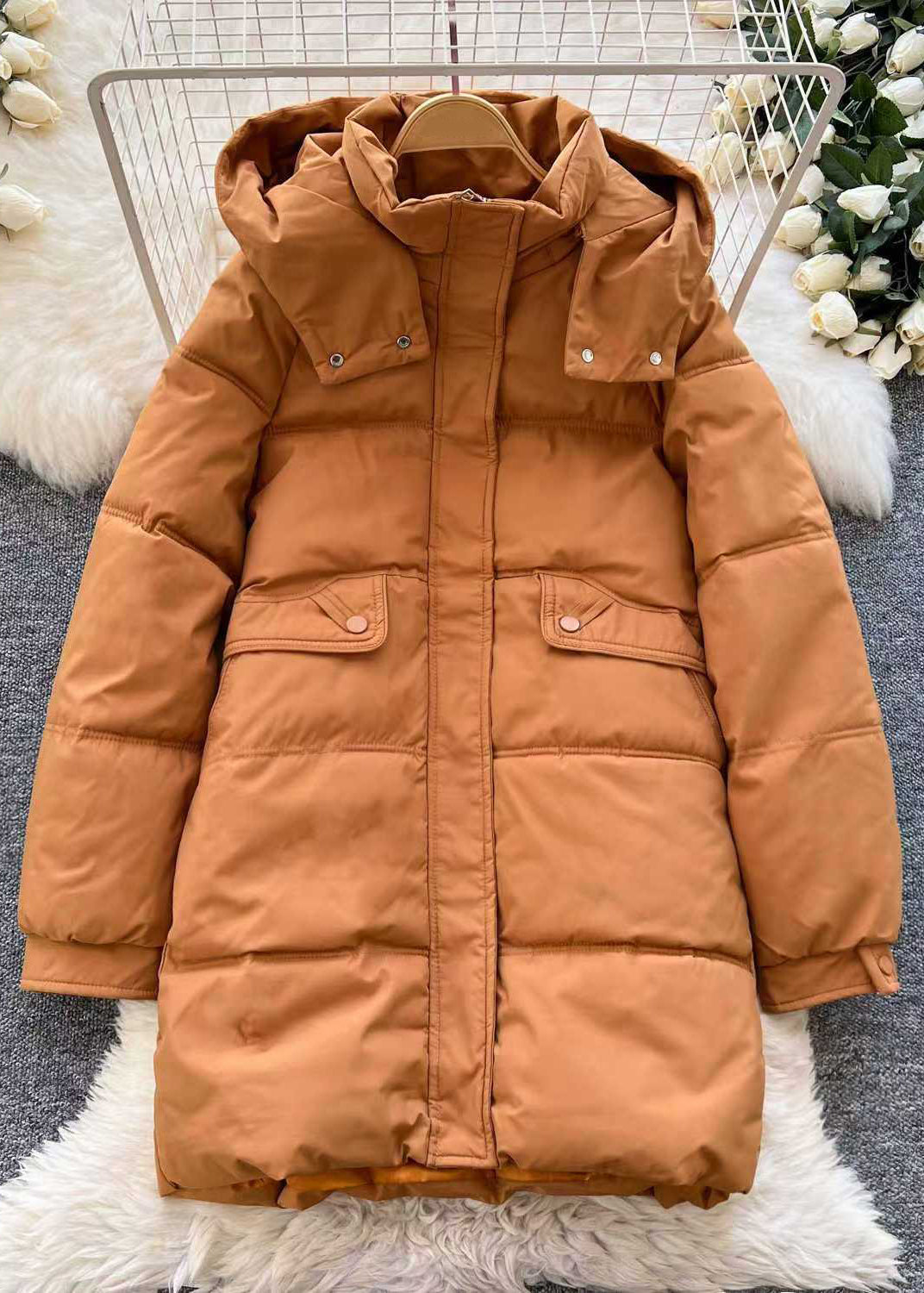 Simple Orange Hooded Zippered Pockets Parka Winter