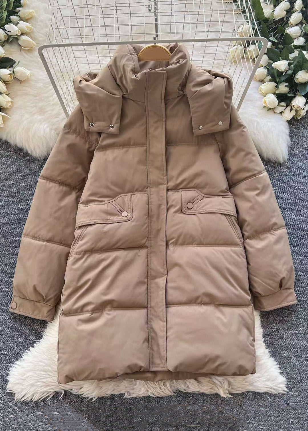 Simple Orange Hooded Zippered Pockets Parka Winter