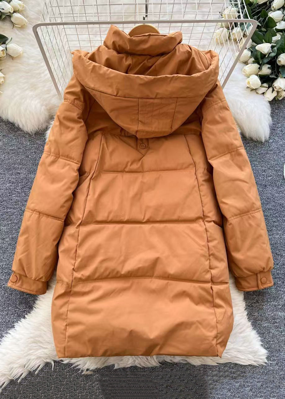 Simple Orange Hooded Zippered Pockets Parka Winter