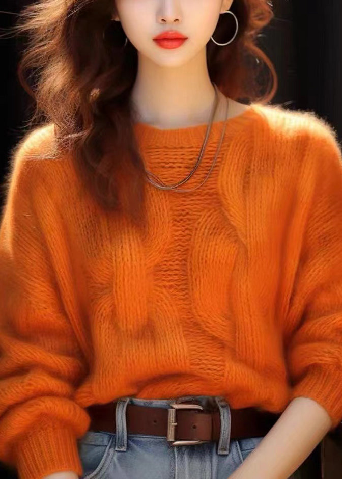 Simple Orange O Neck Cozy Knit Sweaters Winter