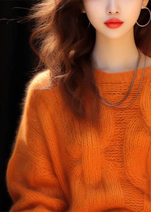 Simple Orange O Neck Cozy Knit Sweaters Winter