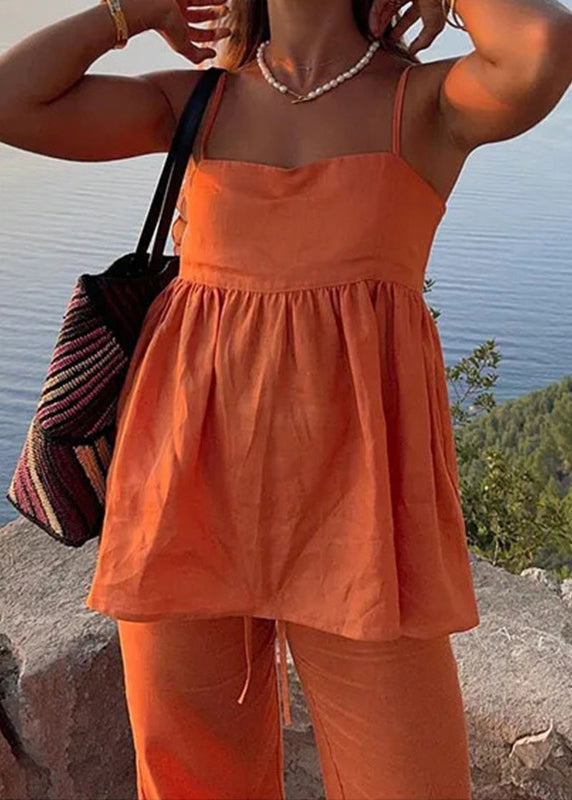 Simple Orange Solid Spaghetti Strap Tank And Pants Cotton 2 Piece Outfit Sleeveless