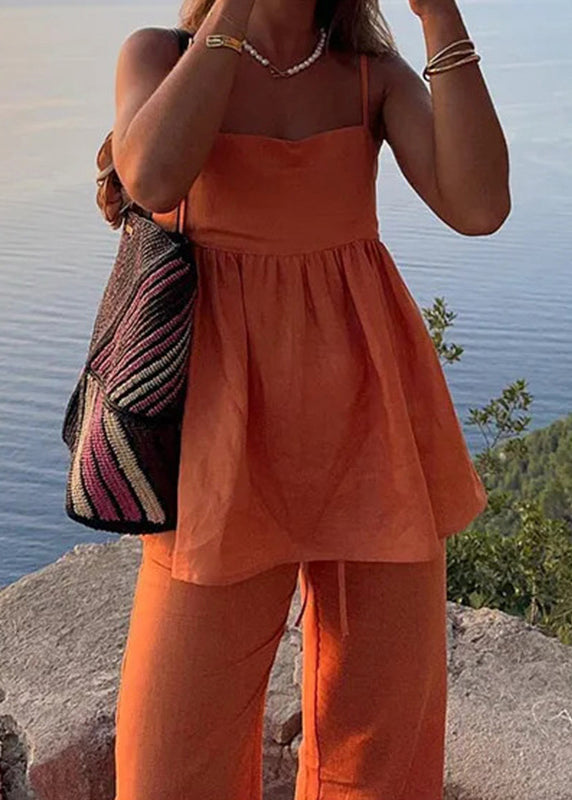 Simple Orange Solid Spaghetti Strap Tank And Pants Cotton 2 Piece Outfit Sleeveless