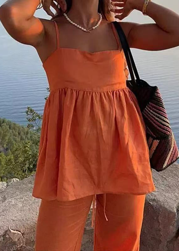 Simple Orange Solid Spaghetti Strap Tank And Pants Cotton 2 Piece Outfit Sleeveless