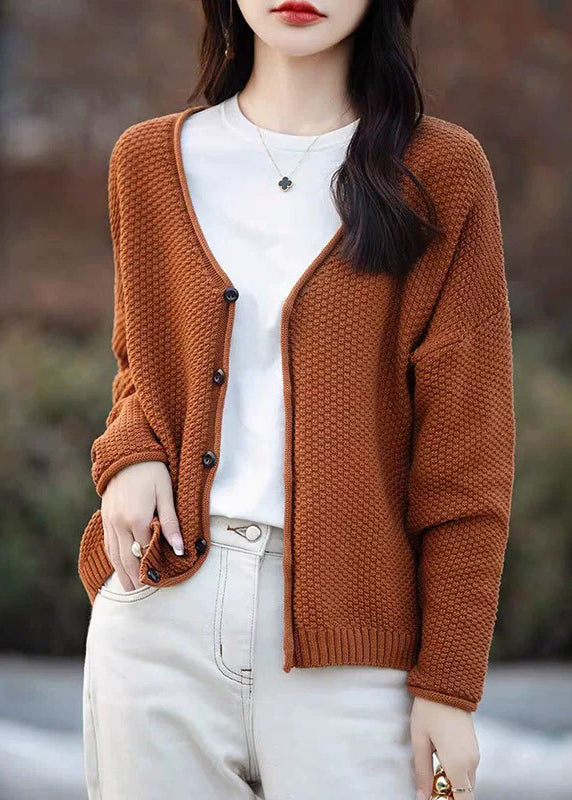 Simple Orange V Neck Button Cotton Knit Cardigan Fall