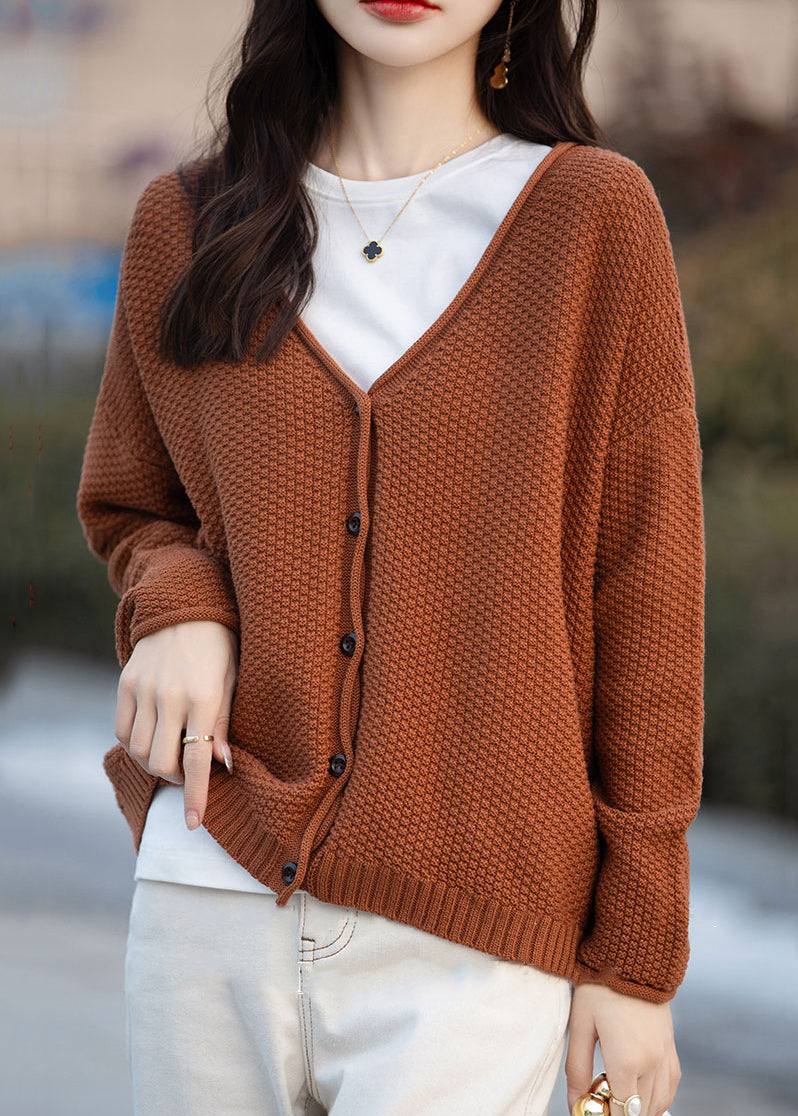 Simple Orange V Neck Button Cotton Knit Cardigan Fall