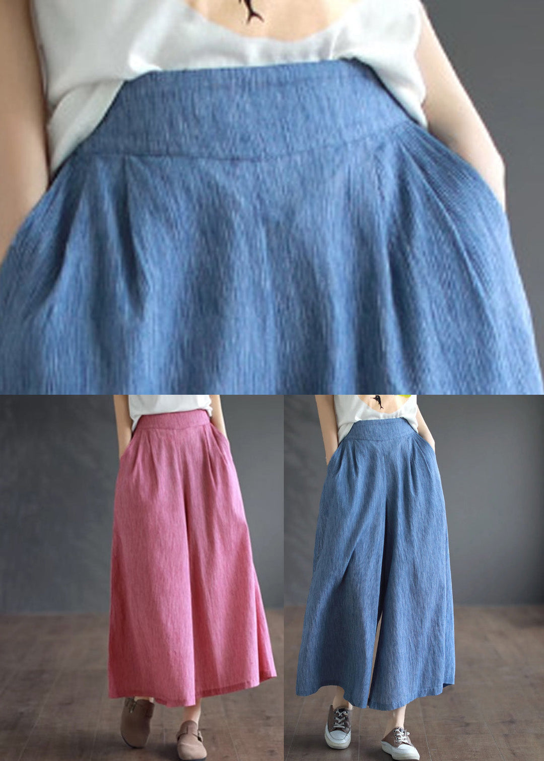 Simple Pink High Waist Cotton Crop Pants Summer