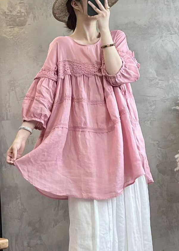 Simple Pink Solid Lace Up Cotton T Shirt Long Sleeve