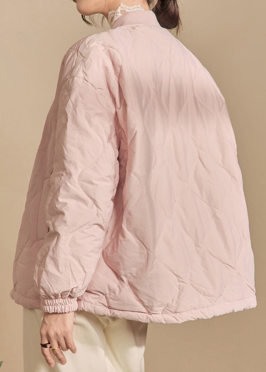 Simple Pink Stand Collar Button Pockets Parkas Winter