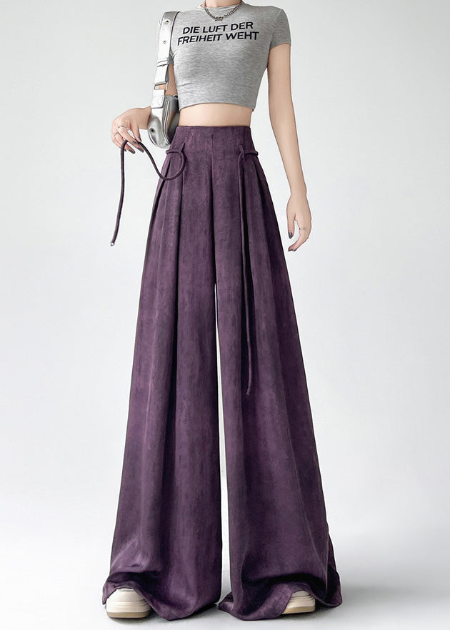 Simple Purple High Waist Ice Silk Wide Leg Pants Summer