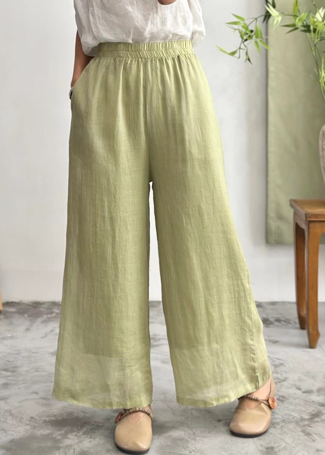 Simple Purple Pockets Elastic Waist Linen Wide Leg Pants Summer