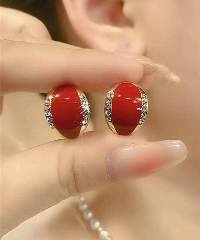 Simple Red Sterling Silver Overgild Zircon Jade Stud Earrings