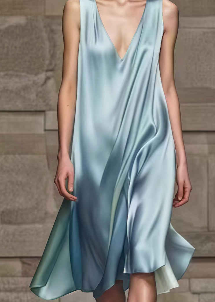 Simple Sea Blue V Neck Draping Silk Dresses Summer