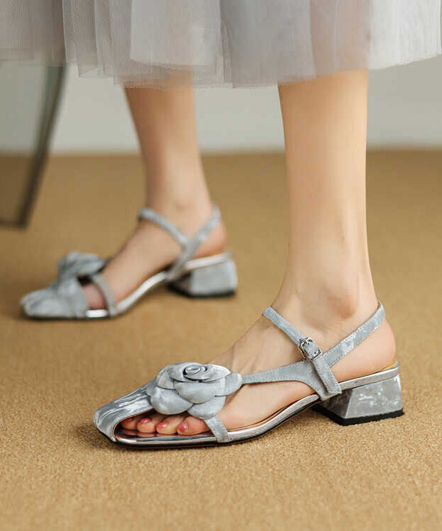 Simple Silk Hollow Out Flower Buckle Strap Chunky Sandals