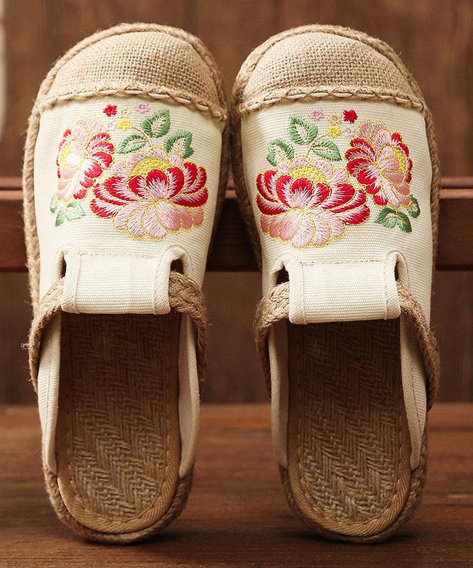 Simple Splicing Flat Shoes Beige Embroidered Cotton Linen Fabric