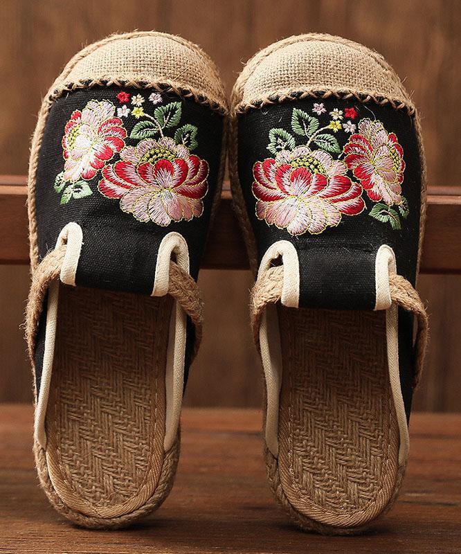 Simple Splicing Flat Shoes Beige Embroidered Cotton Linen Fabric