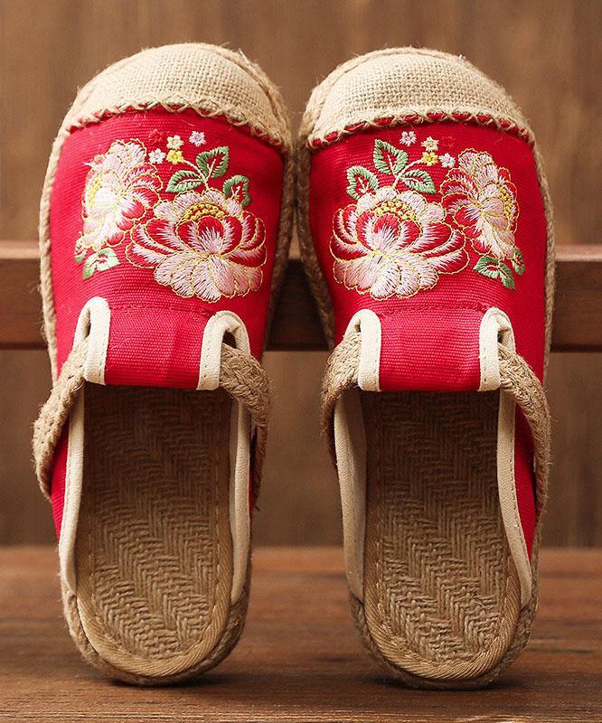 Simple Splicing Flat Shoes Beige Embroidered Cotton Linen Fabric