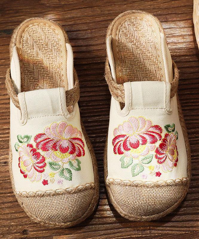 Simple Splicing Flat Shoes Beige Embroidered Cotton Linen Fabric