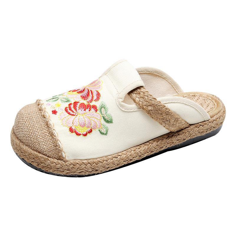 Simple Splicing Flat Shoes Beige Embroidered Cotton Linen Fabric