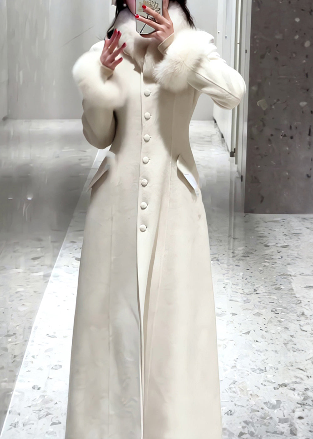 Simple White Button Fur Patchwork Woolen Coat Spring