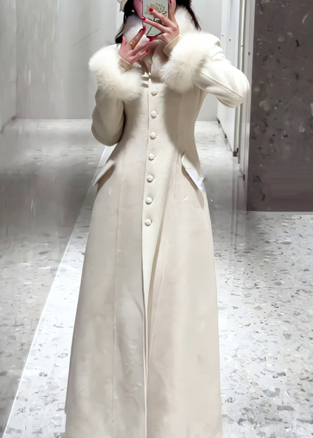 Simple White Button Fur Patchwork Woolen Coat Spring