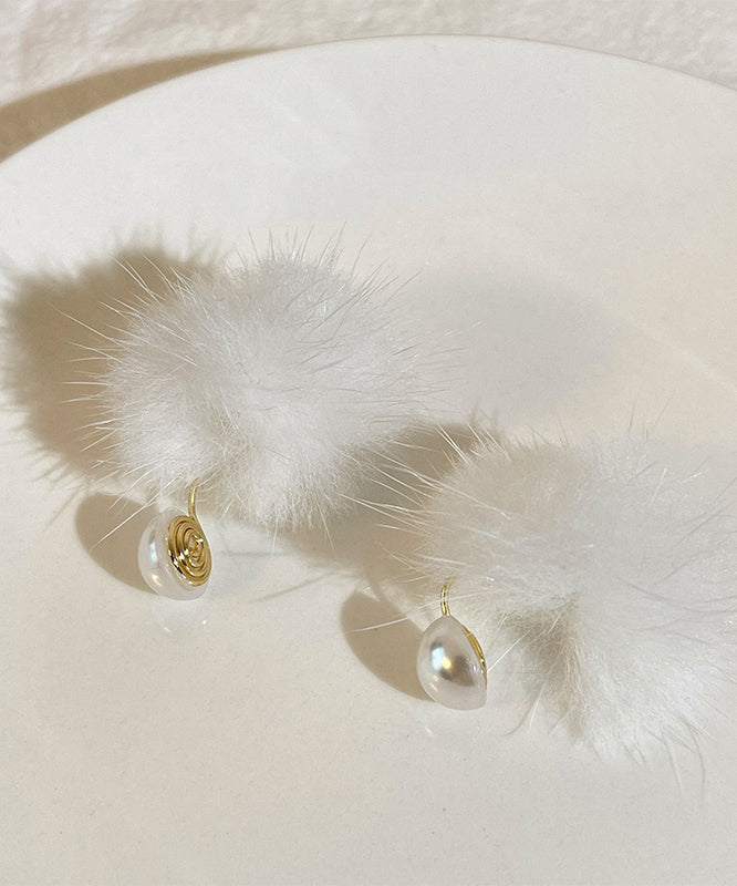 Simple White Copper Alloy Mink Hair Pearl Stud Earrings