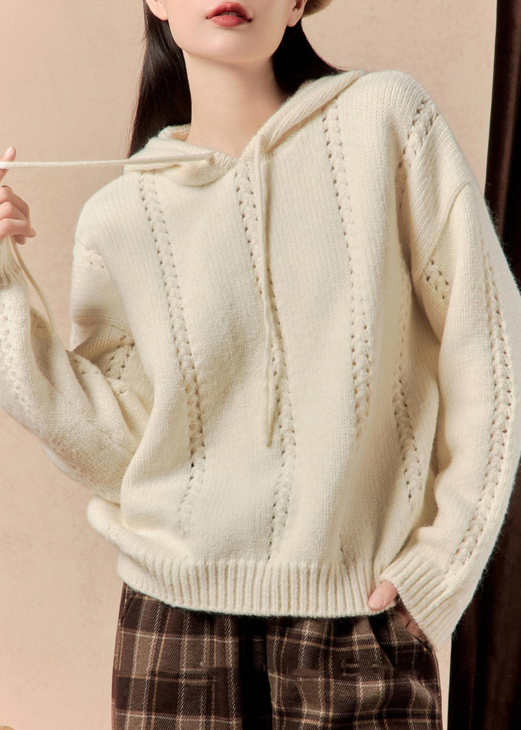 Simple White Hooded Hollow Out Knit Sweater Winter