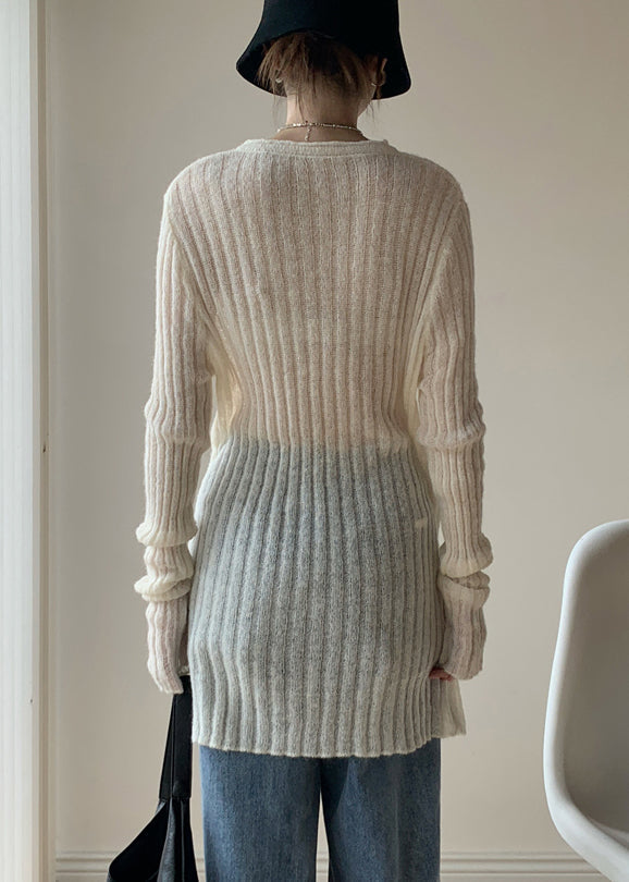 Simple White O-Neck Solid Thin Knit Sweater Dress Fall