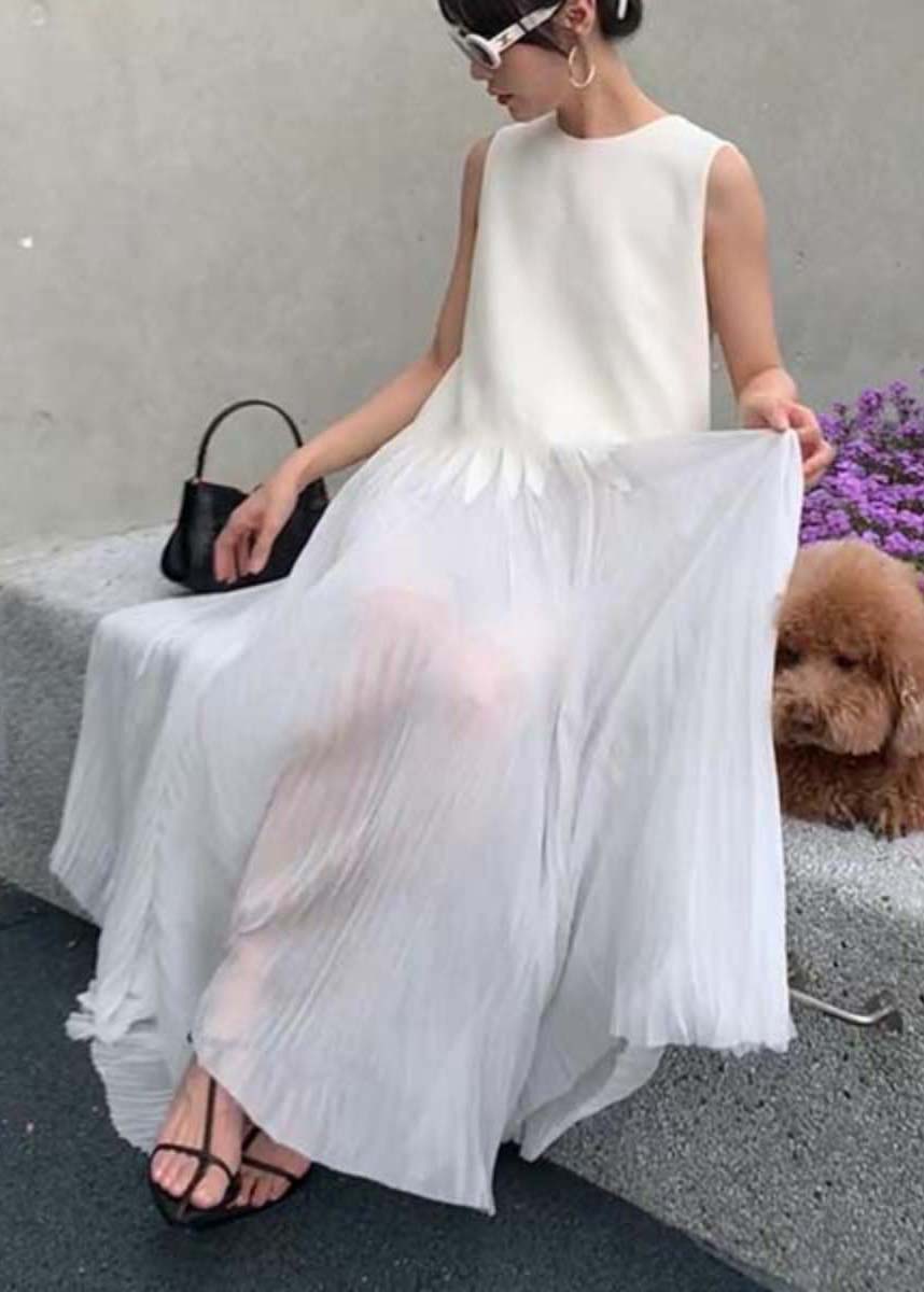 Simple White O Neck Wrinkled Silk Long Dress Sleeveless