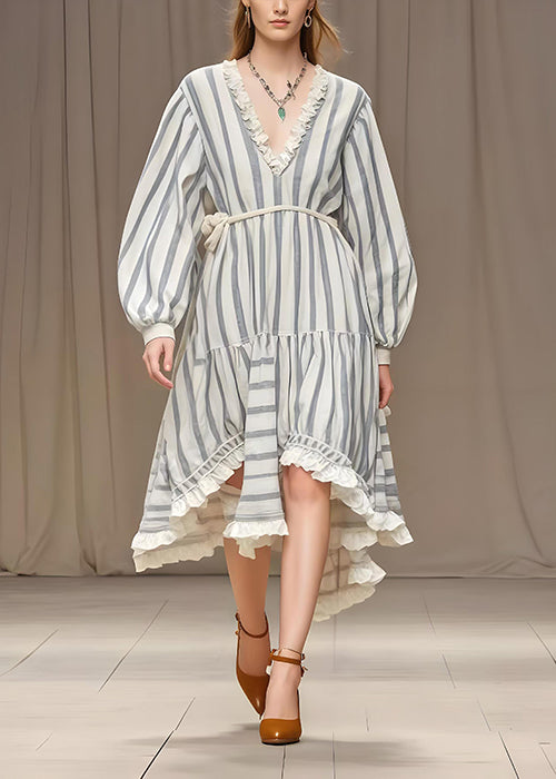 Simple White Ruffled Striped Silk Velvet Long Dresses Spring