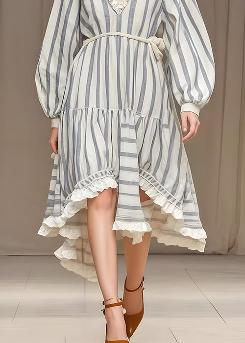 Simple White Ruffled Striped Silk Velvet Long Dresses Spring