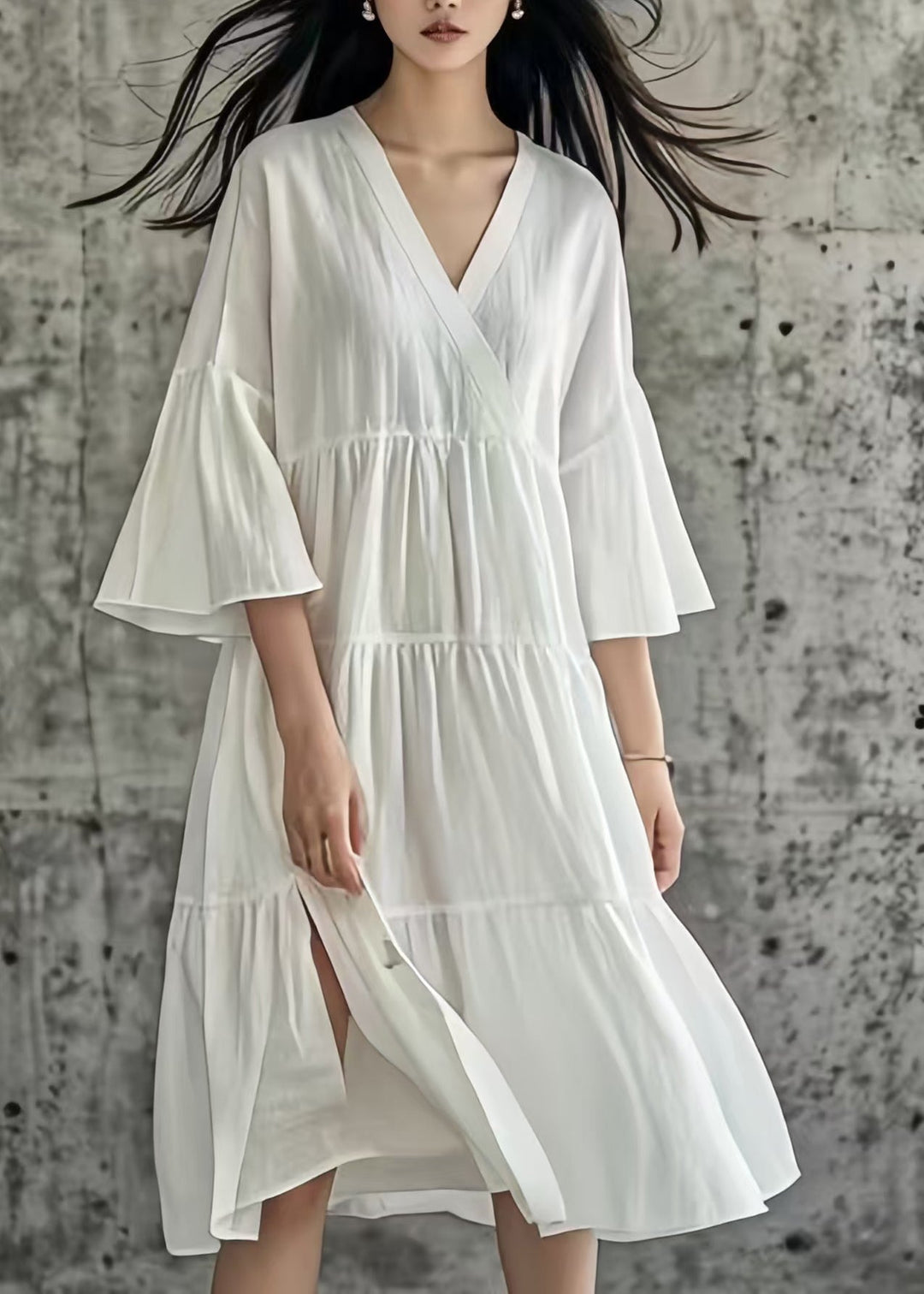 Simple White Side Open Wrinkled Cotton Long Dresses Summer