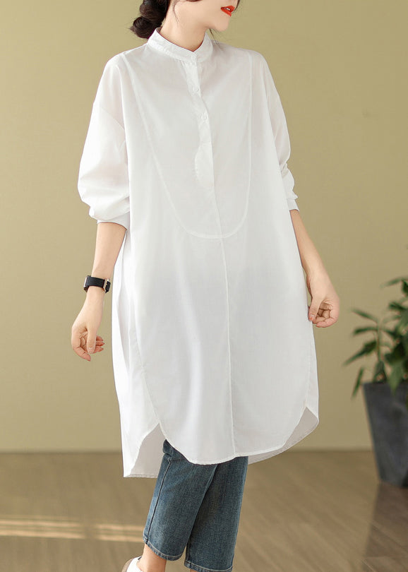 Simple White Stand Collar Button Shirts Dress Long Sleeve