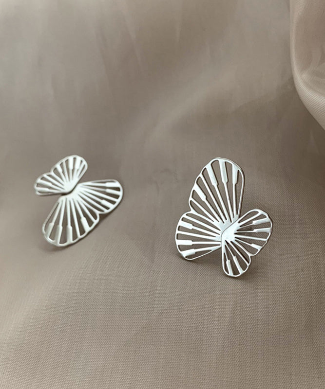 Simple White Sterling Silver Butterfly Hollowed Out Stud Earrings