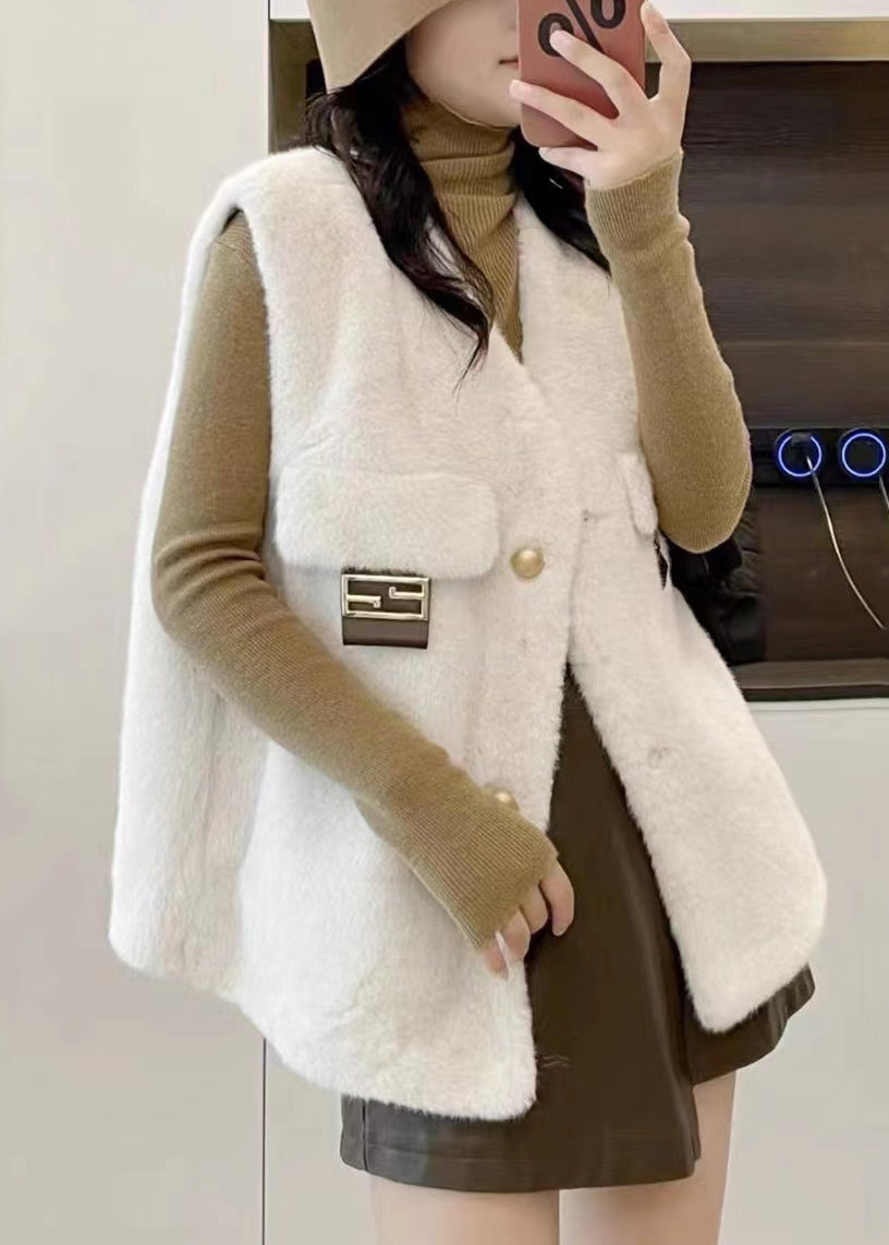 Simple White V Neck Button Mink Velvet Waistcoat Winter